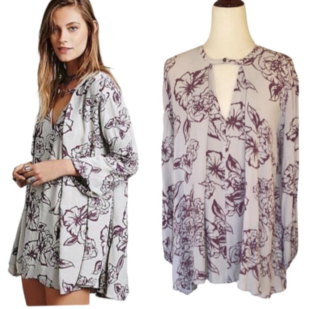 Free People Lavender Lilac Purple Floral Cutout Draped Mini Dress Tunic  XS